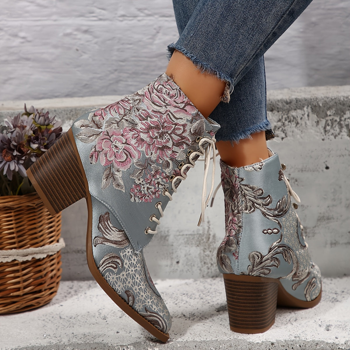 Women's Floral Embroidered Ankle Booties Leather High Heel Lace-Up