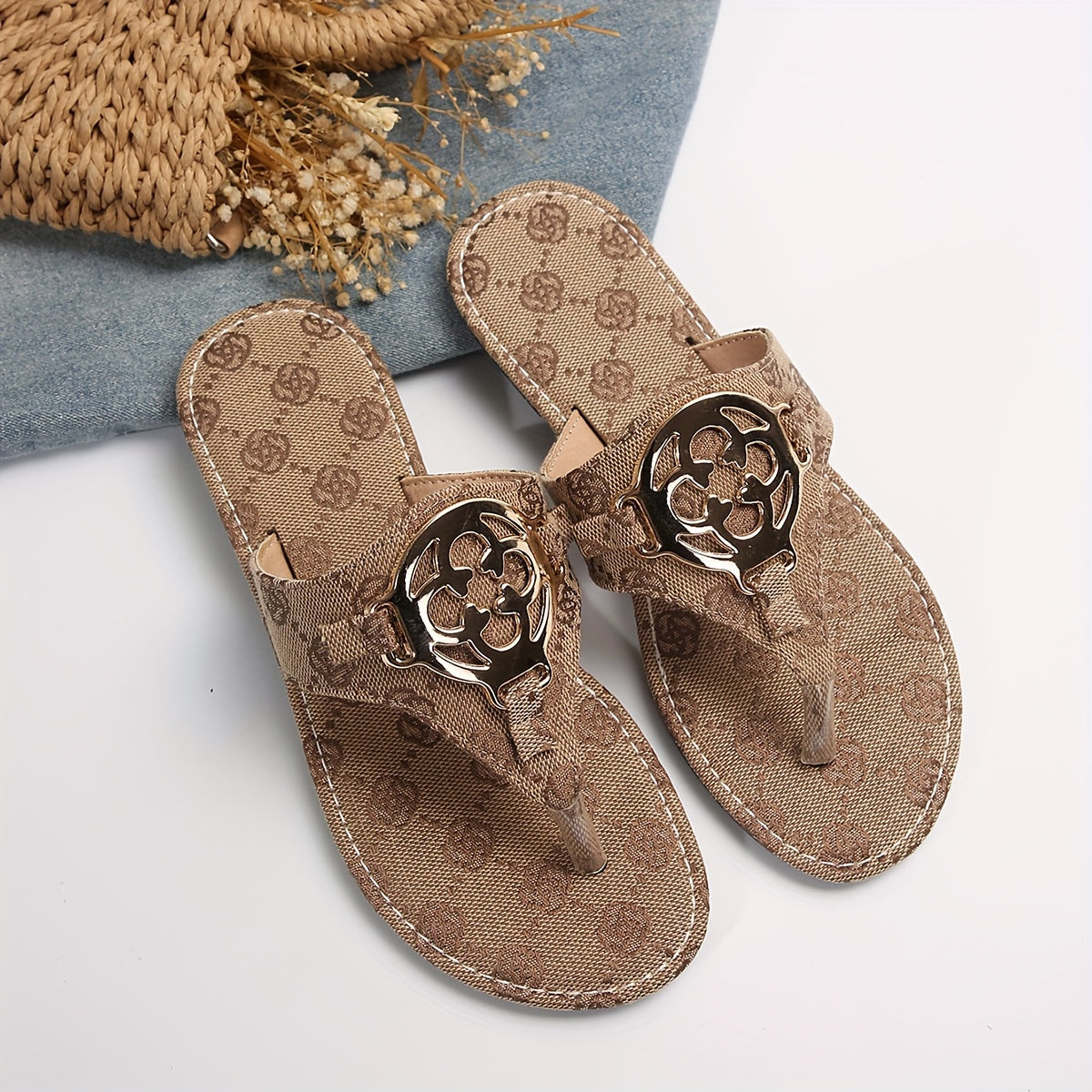 Women’s Metallic Buckle Flip Flops, Flowers Pattern, Summer Flat Slides