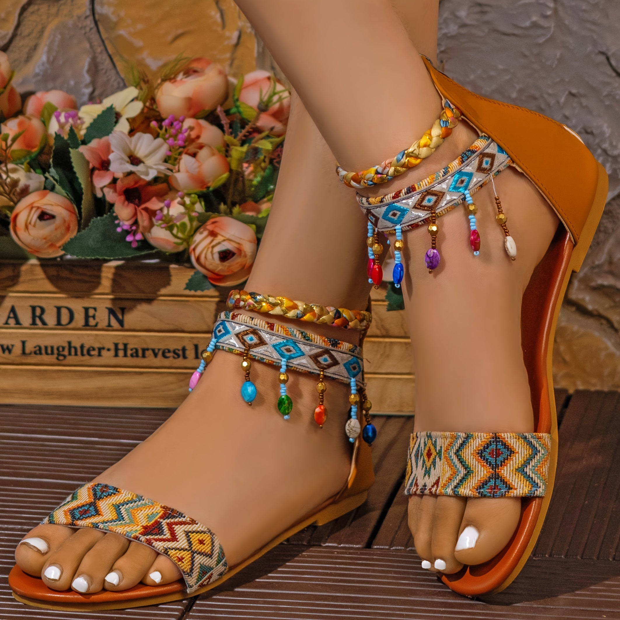Women's Bohemian Beaded Flat Sandals with Ankle Straps Open Toe