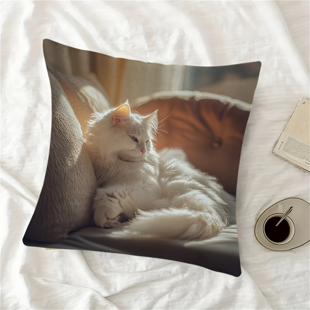 White Cat Print Cushion Cover Reversible Polyester Farmhouse Style Home Decor