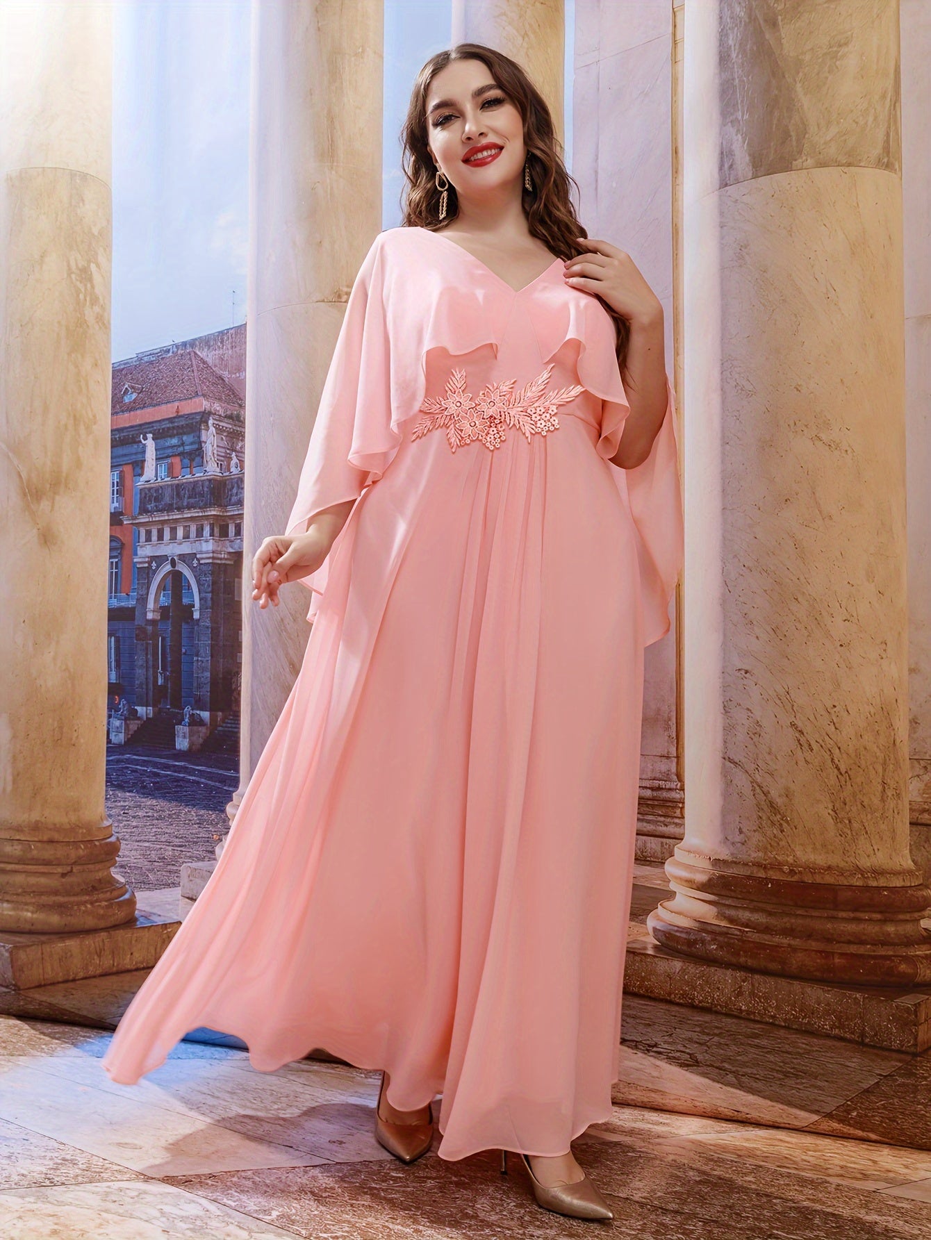 Women's V-Neck Cape Dress Polyester Solid Color All-Season