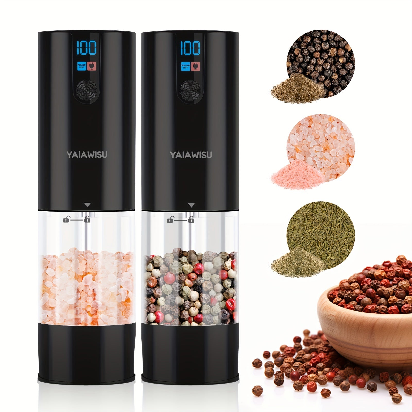 Juego de 2 piezas de molinillos de especias eléctricos con pantalla LCD, recargables por USB, de molienda gruesa/fina, para cocina, restaurante y barbacoa