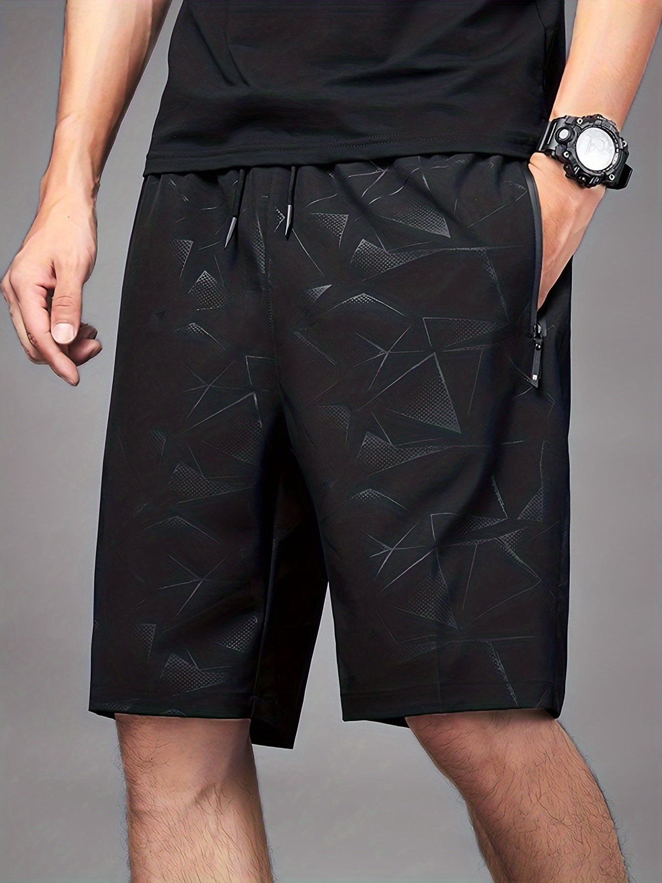 Plus Size Men's Athletic Shorts Quick-Dry Breathable Polyester Geometric Print Elastic Waistband
