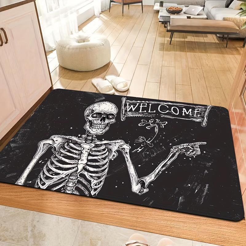 Skeleton Welcome Doormat Indoor Polyester Flannel Rectangle Entryway Mat