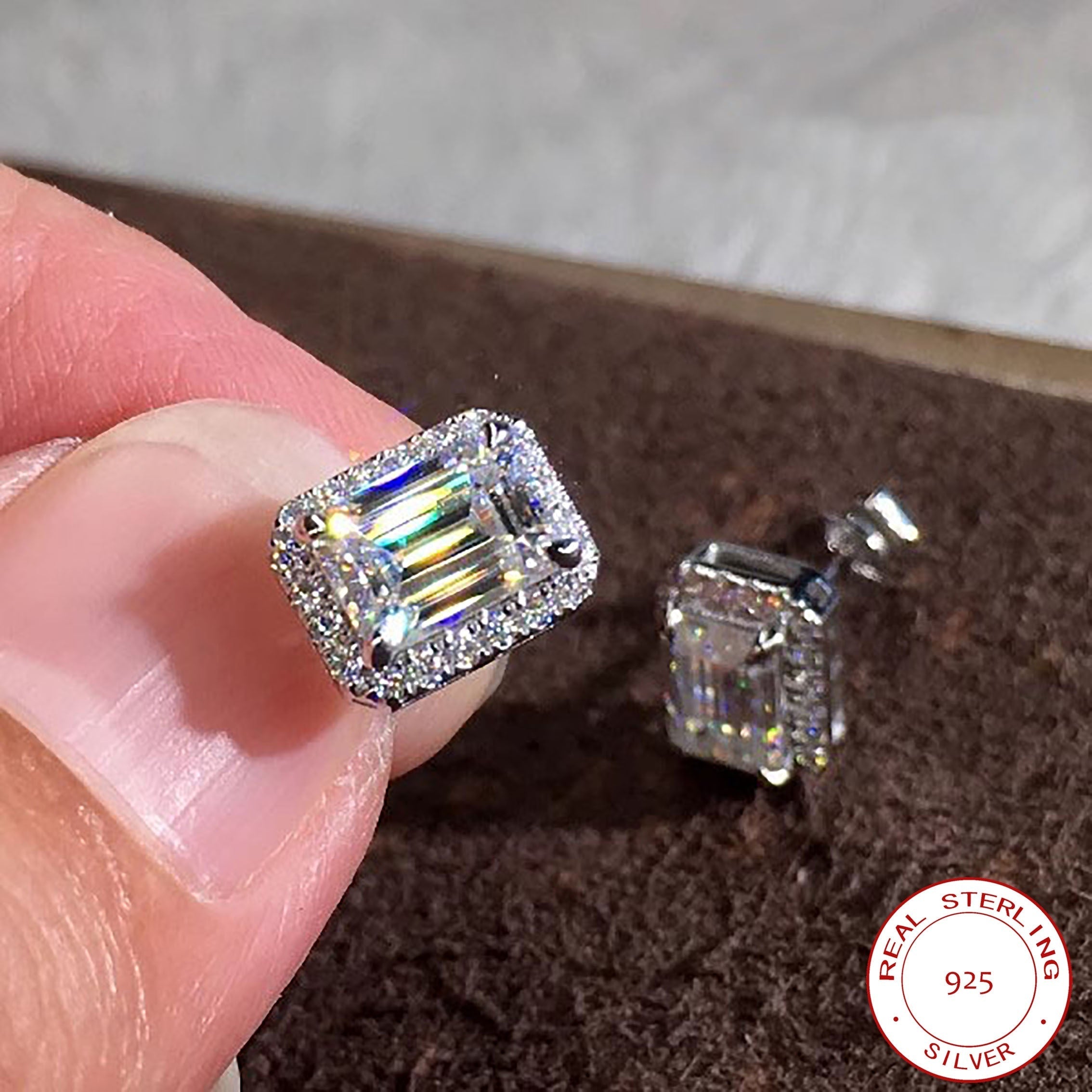 Sterling Silver Square Zirconia Stud Earrings for Women Wedding Bridal