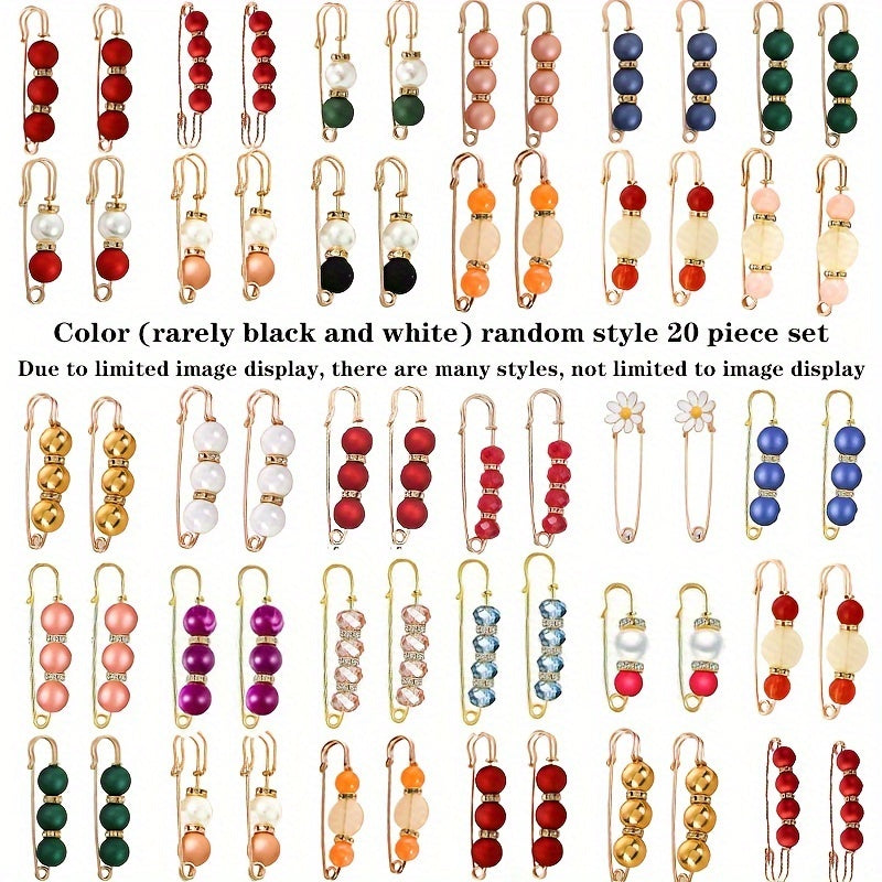Set of 20 Artificial Pearl Brooches for Women with Sweater Clips, Waist Extenders, Safety Pins, Dress Decorations