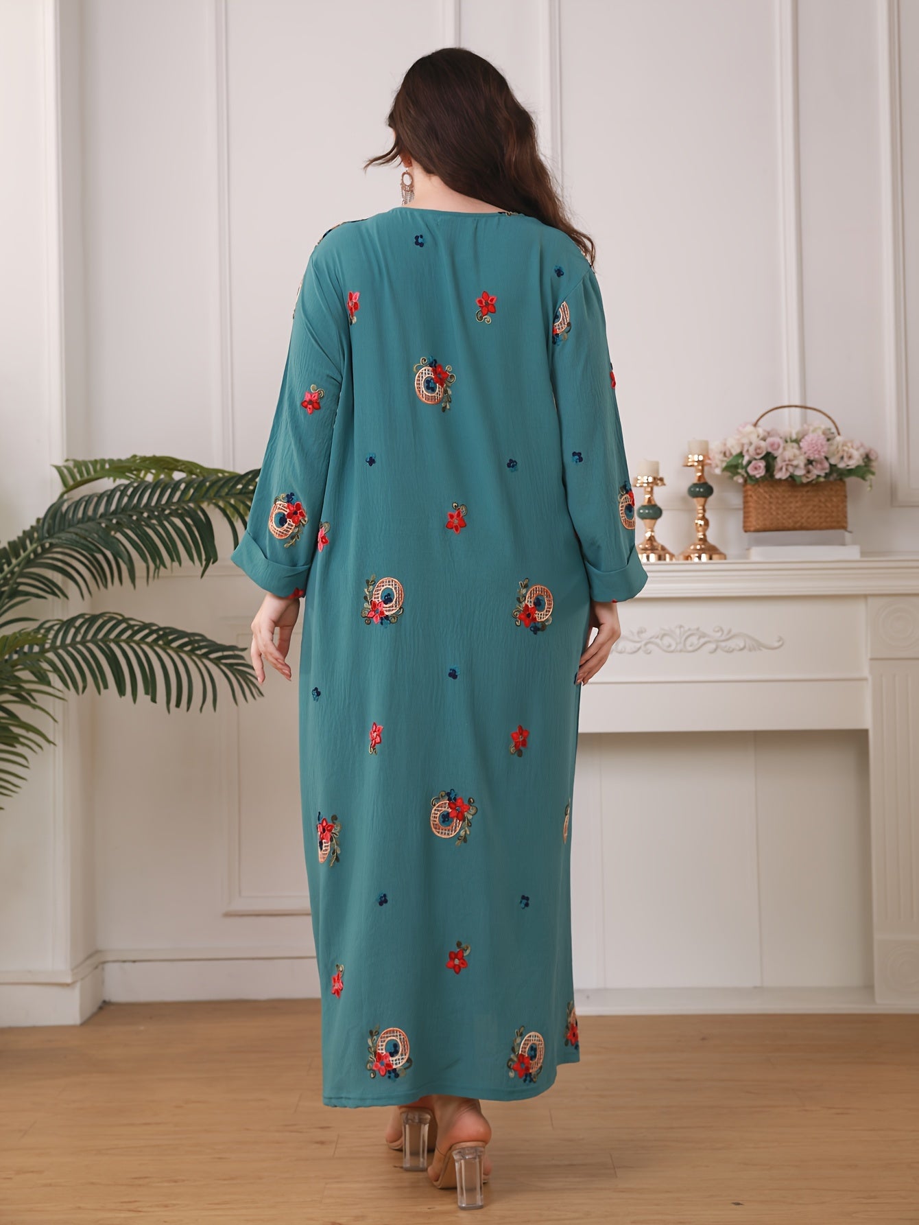 Плюс сайз абая с цветочным принтом для женщин, длинные рукава, свободный крой, в стиле Ближнего Востока