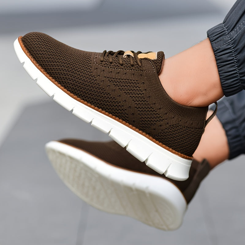 Men's Breathable Knit Business Casual Shoes Beige Brown Leather Upper EVA Sole Round Toe All-Season