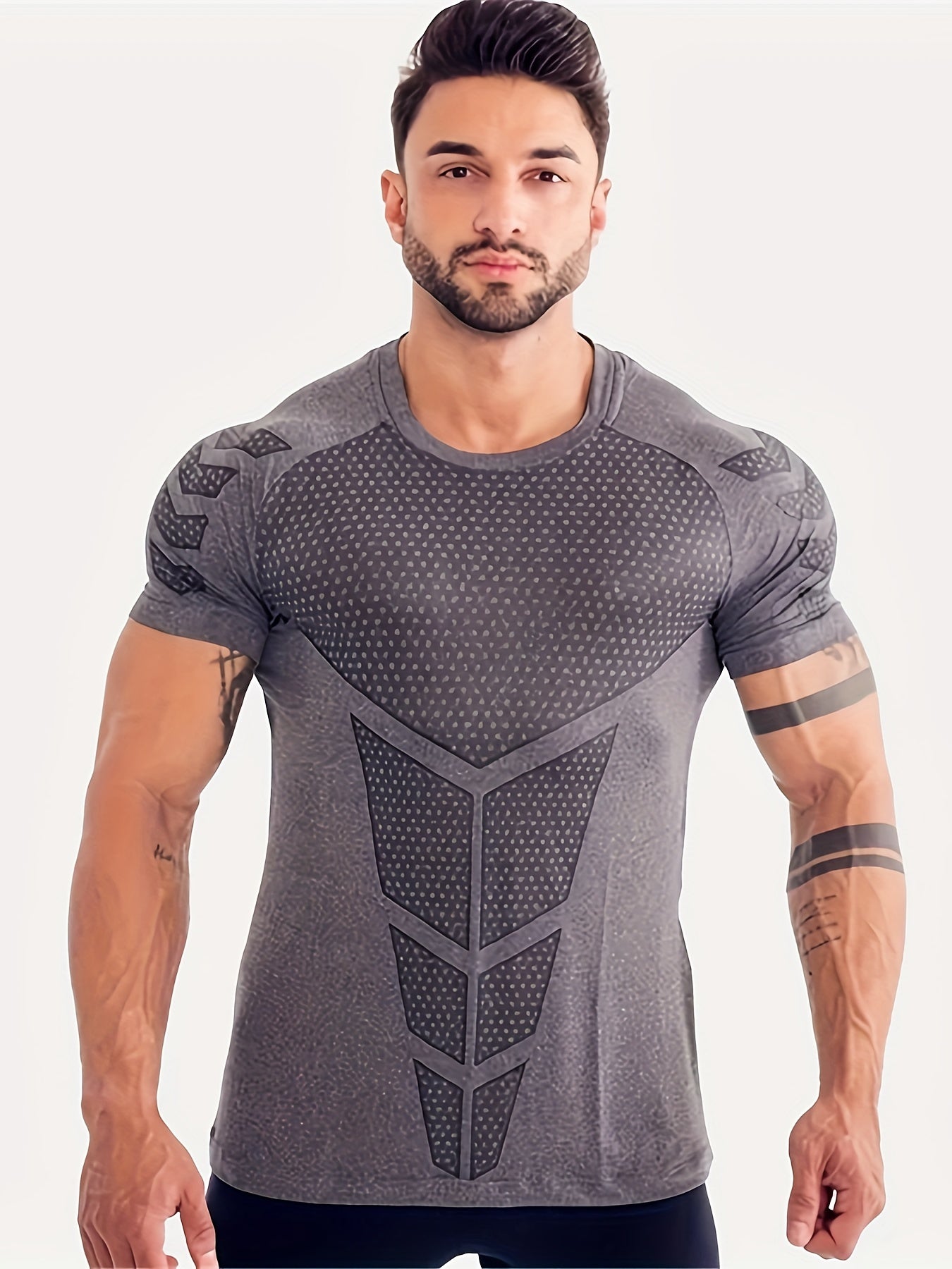 Camiseta de compresión atlética para hombre con estampado de flechas, transpirable, de poliéster, de manga corta para gimnasio y fitness
