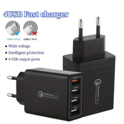 4-Port USB Charger Fast Charging EU Plug Adapter for Tablets and Smartphones