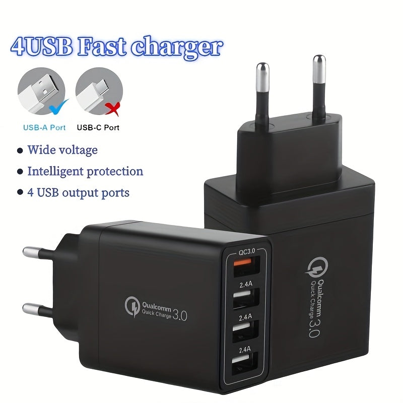 4-Port USB Charger Fast Charging EU Plug Adapter for Tablets and Smartphones