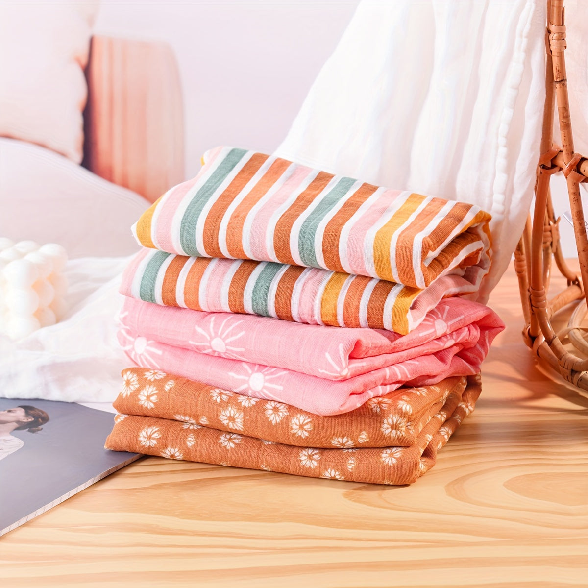 Set of Three Muslin Baby Swaddle Blankets 0-3 Years Cotton Breathable Reusable