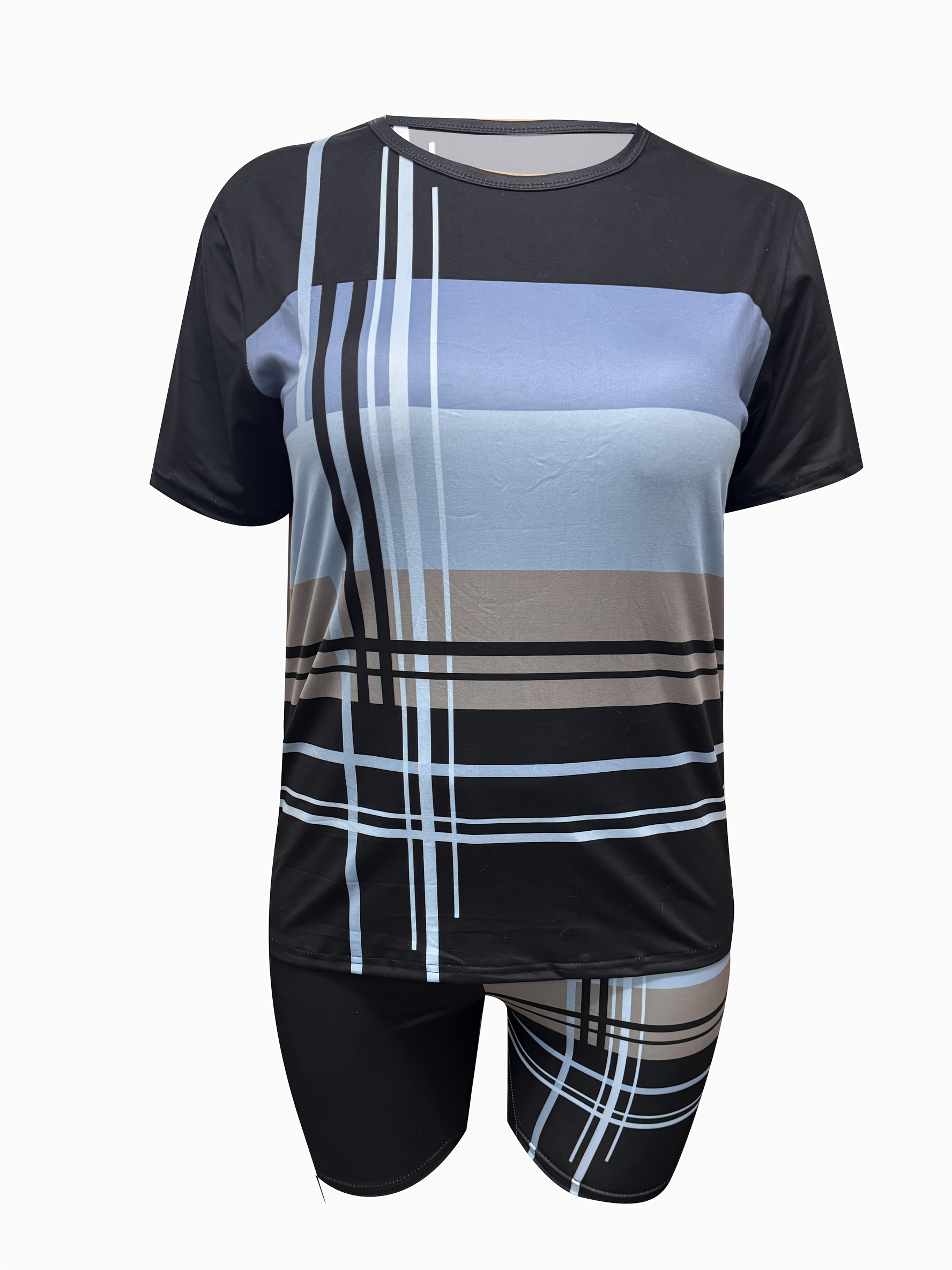 Plus Size Geometric Print Sports Outfit Cropped Top High-Waisted Shorts