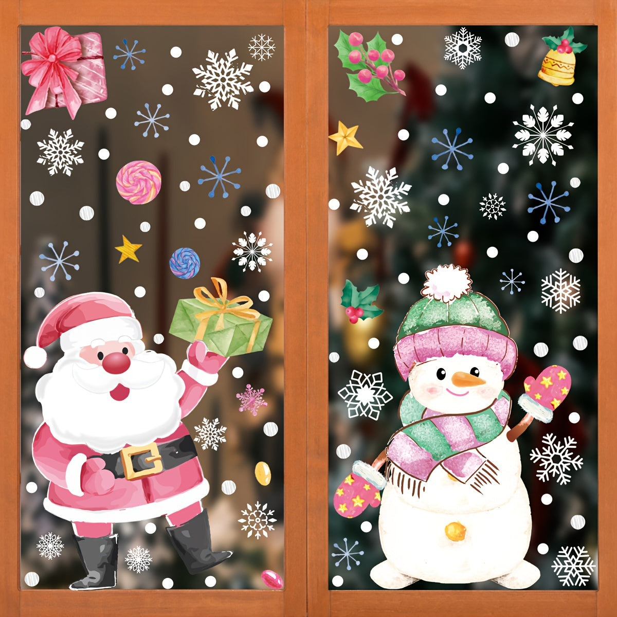 Christmas Decorations Set with Snowmen Snowflakes Garlands and Glass Stickers