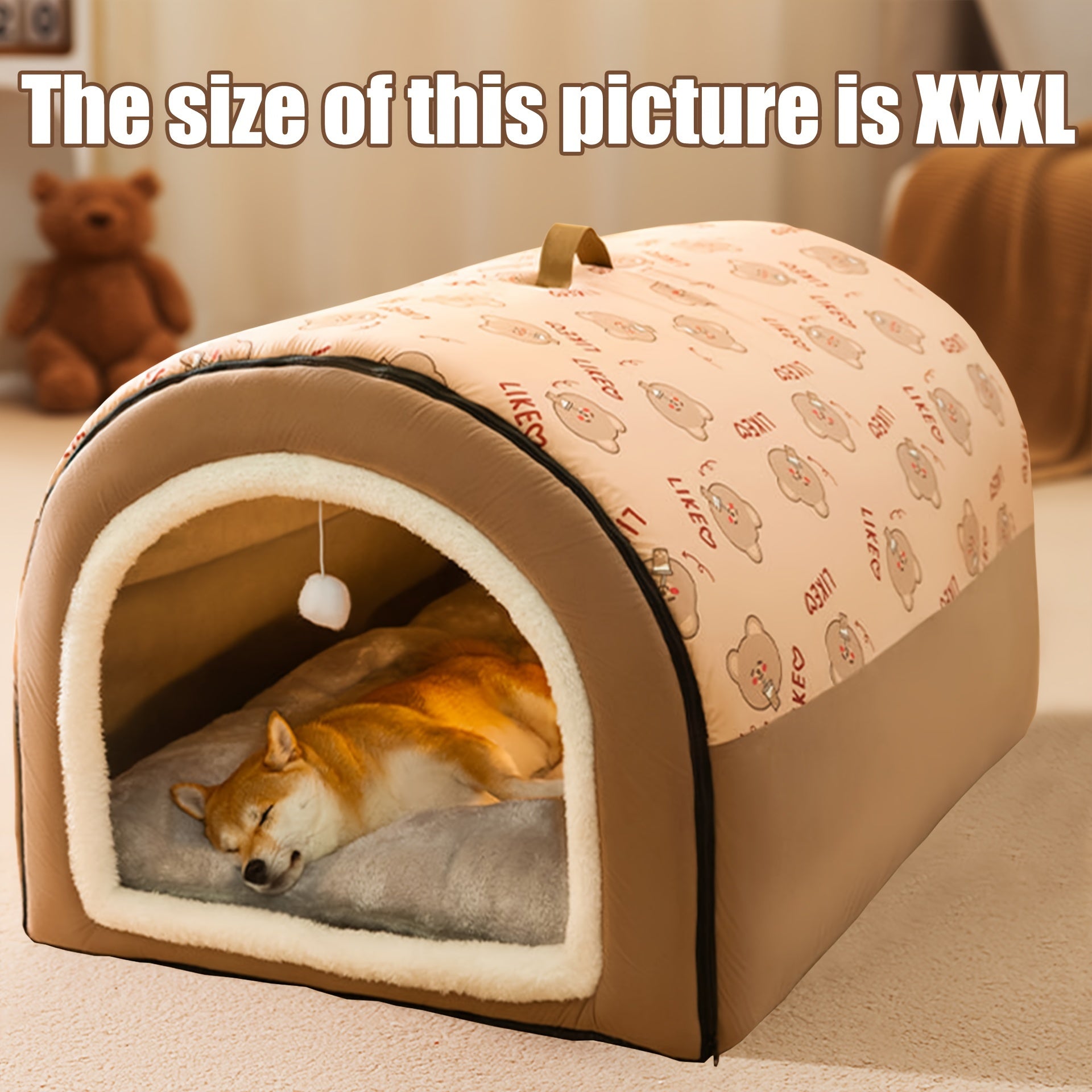 Двухвостный съемный питомник из фланели с шарообразным подвесом, подходящий для собак и кошек в качестве гнезда или укрытия, с ручкой и доступный в различных размерах для удобства.