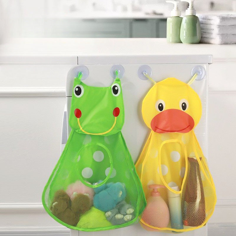 Frog and Duck Hanging Bathroom Storage Bag with Suction Cups Green Yellow Mesh