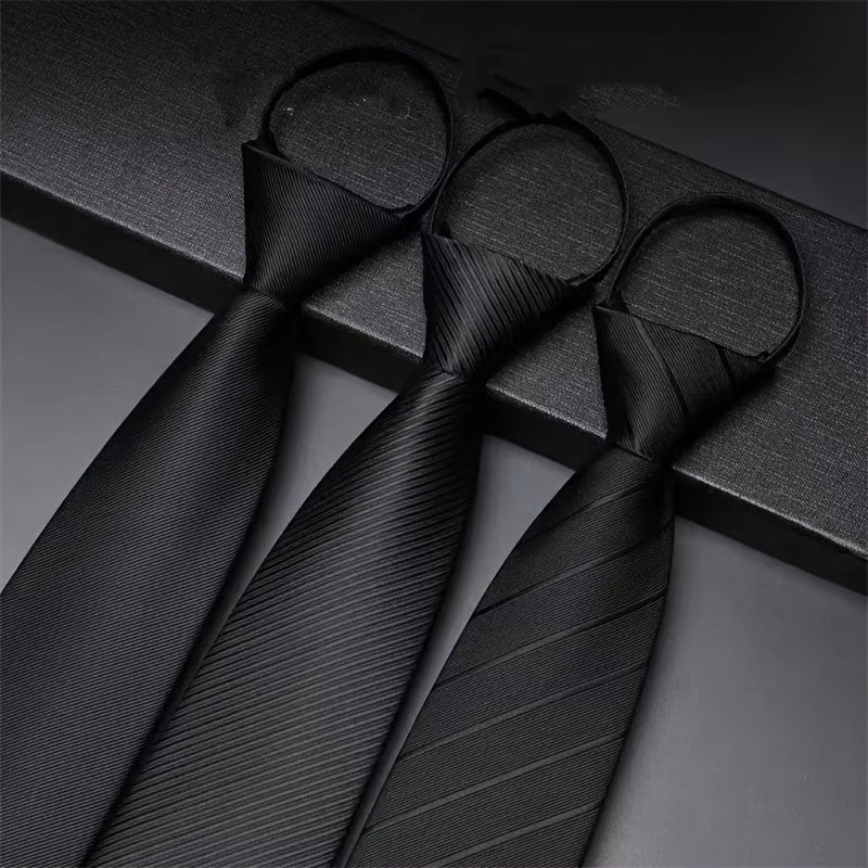Men's Black Formal Tie for Business Banquets Zipper or Hand Tie Styles