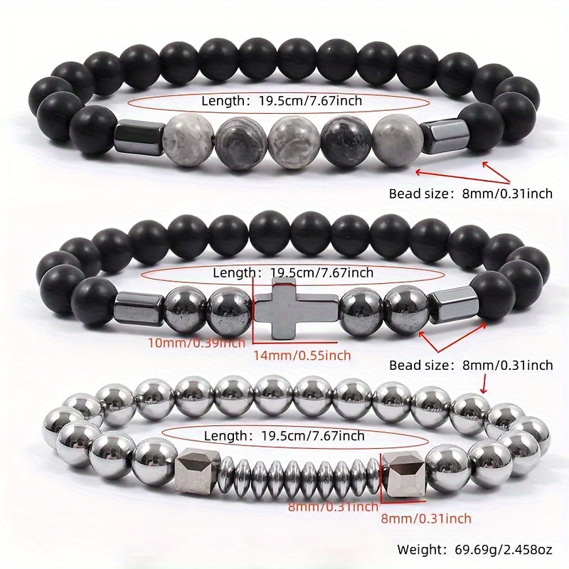 Matte Beaded Bracelet Set with Stone Cross Pendants Stylish Jewelry Gift