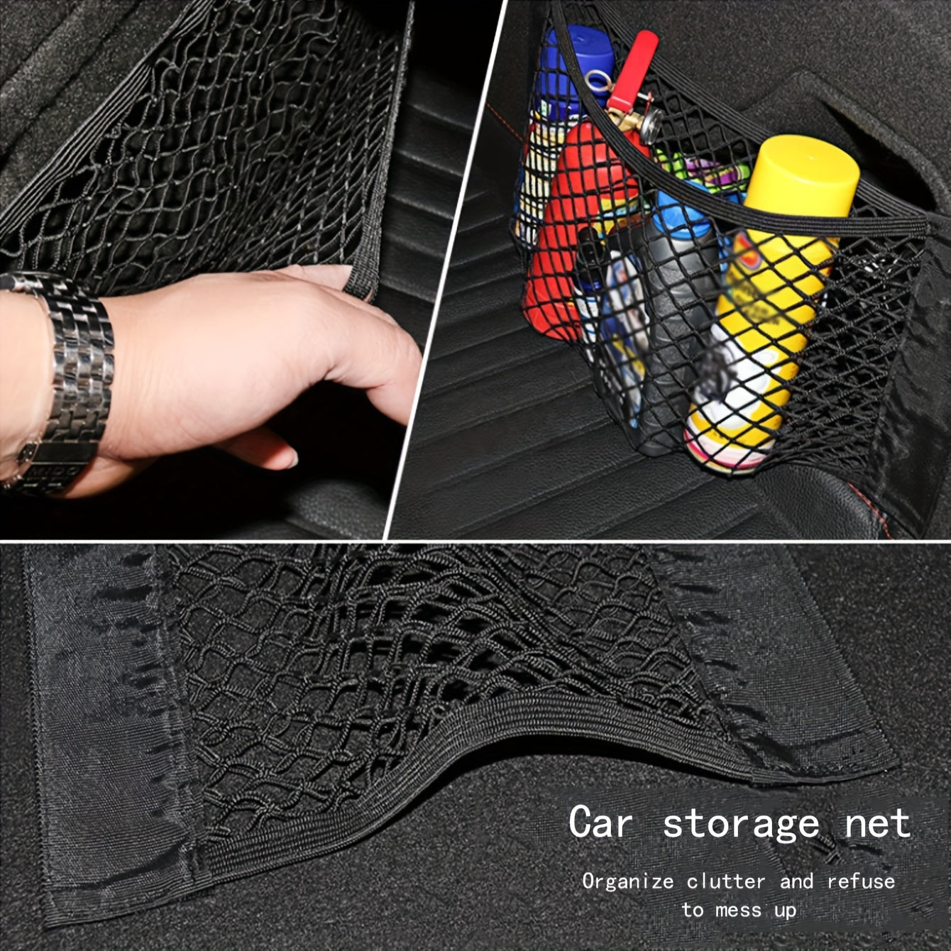 Universal sozlanadigan elastik polyester avtomobil bagaj tashkilotchisi va yuk tarmog'i bilan