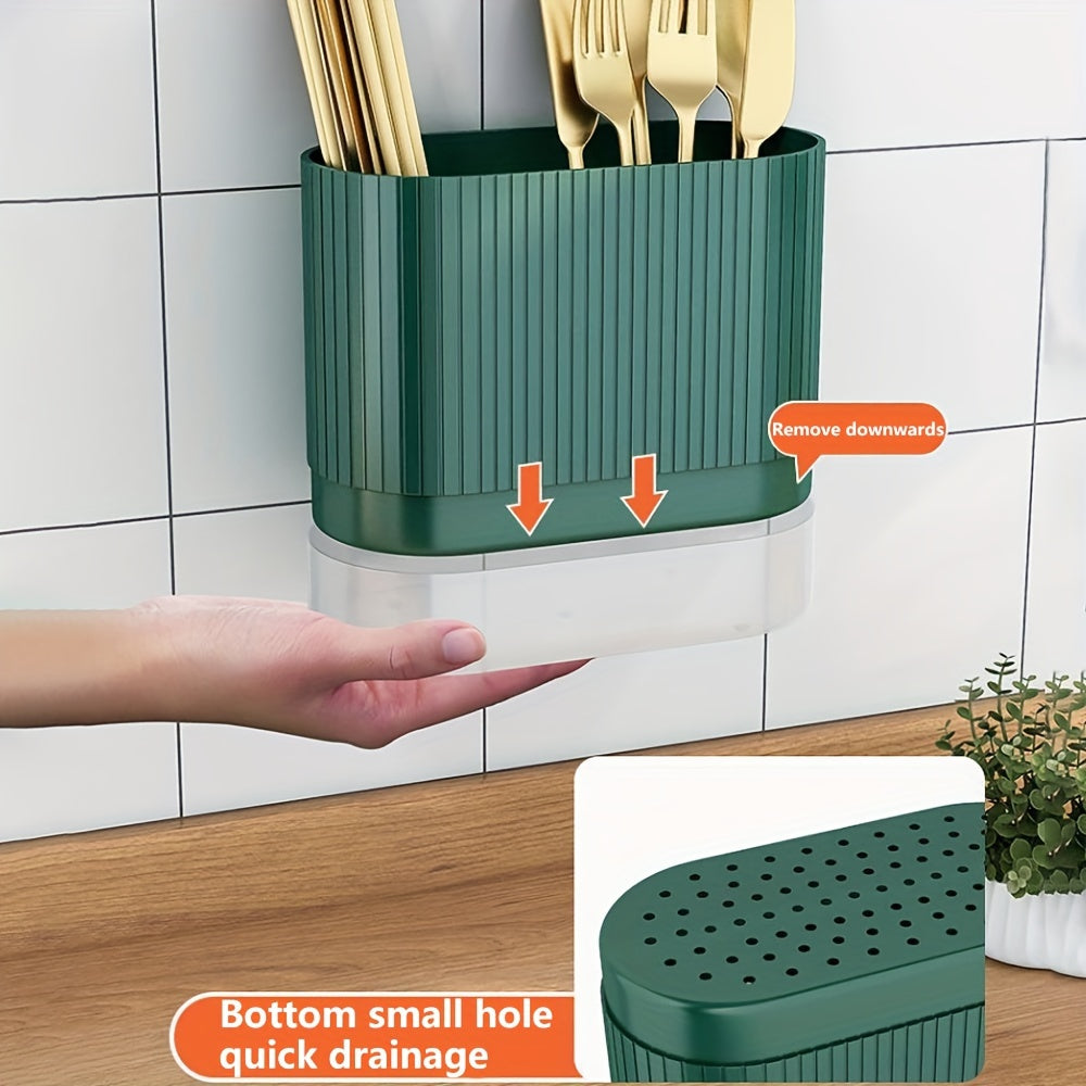 Wall-Mounted Kitchen Utensil Organizer with Drainage System for Spoons Forks and Chopsticks
