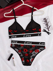 Women’s Lace Lingerie Set with Letter and Lip Print Contrast Trim