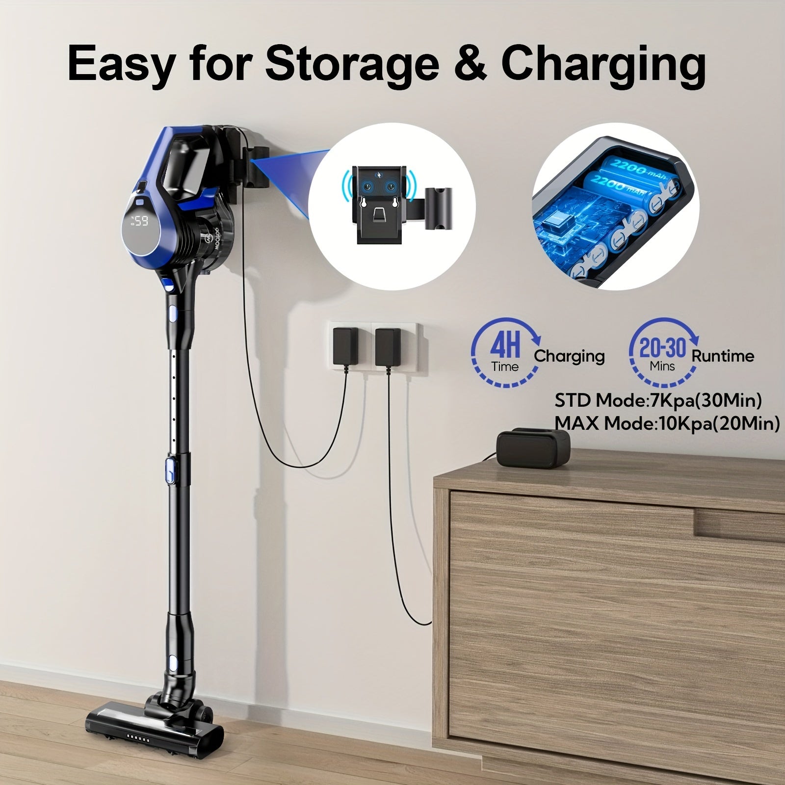 LED displeyli simsiz stick changyutgich 6-in-1 yengil, yuqori tortish kuchiga ega, hayvonlarning tuklari uchun moʻljallangan qattiq pol uchun