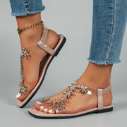 Women's Floral Embellished Slip-On Flat Sandals Open-Toe Casual Shoes
