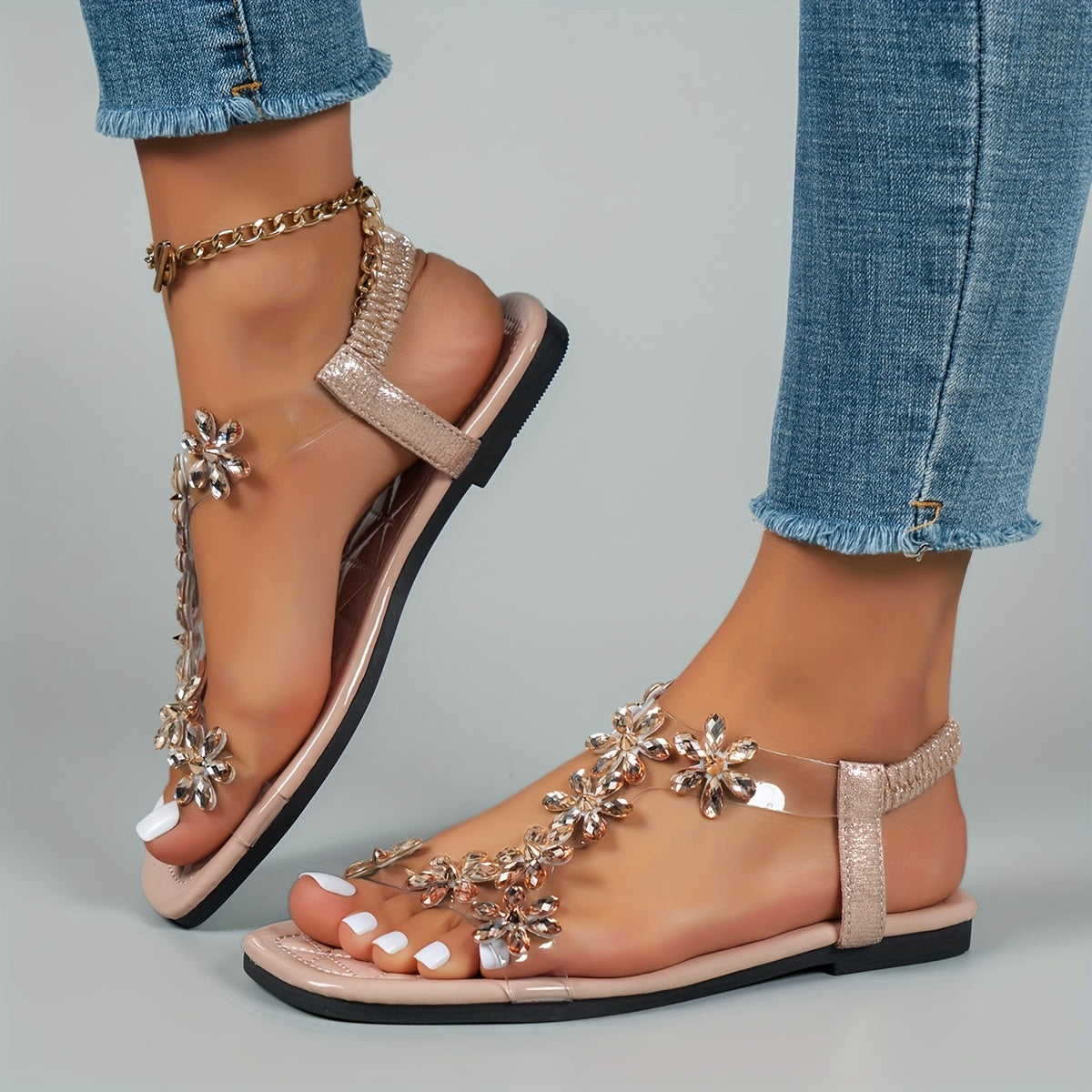 Women's Floral Embellished Slip-On Flat Sandals Open-Toe Casual Shoes