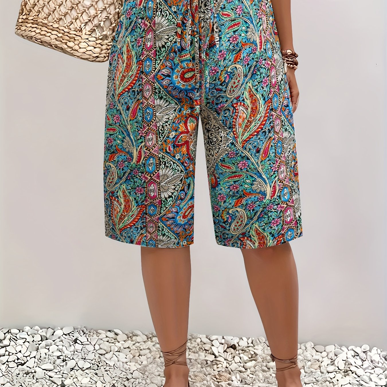 Women's Plus Size V-Neck Printed Casual Shorts Tie Waist Polyester Summer Beachwear