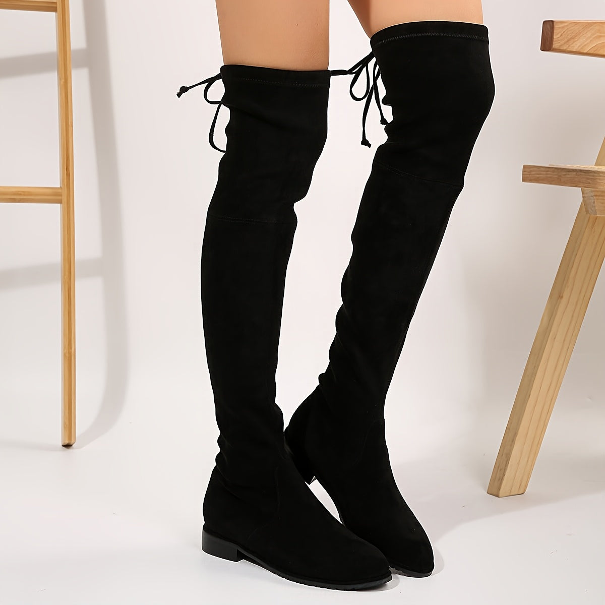 Women Over-the-Knee Boots Knit Stretchy Lace-Up Block Heel