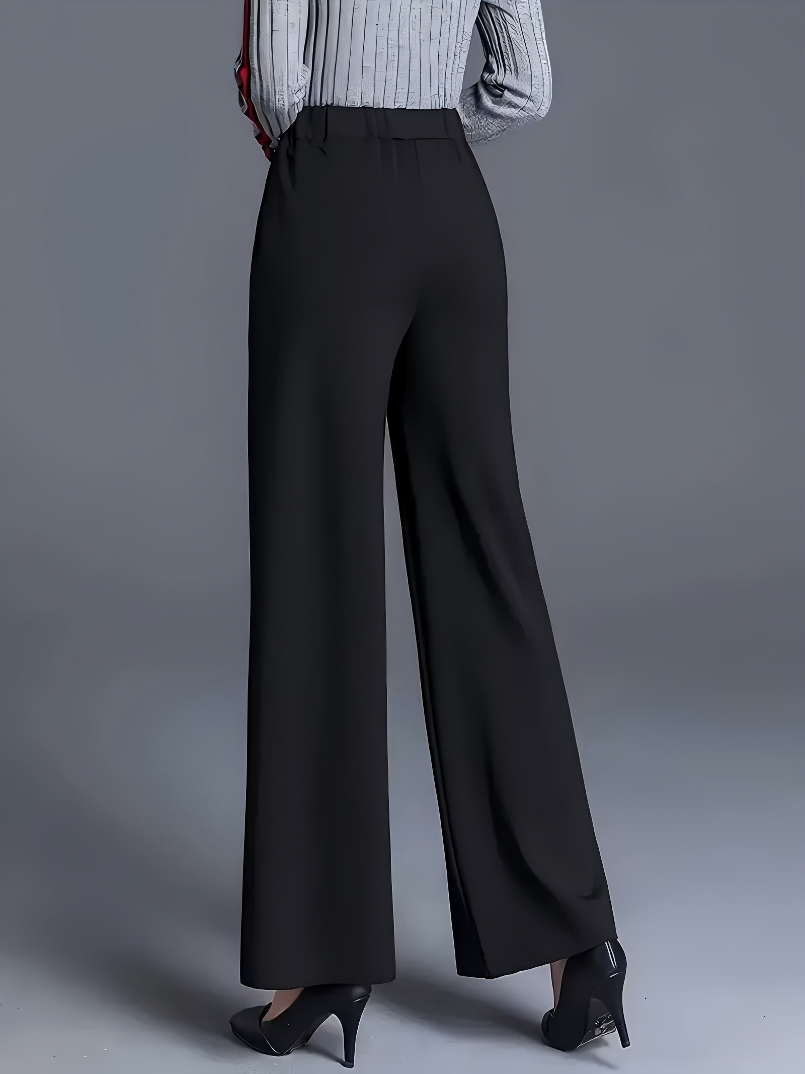 Women's High Waist Wide Leg Polyester Pants Solid Color Elastic Waist for Casual and Office Wear