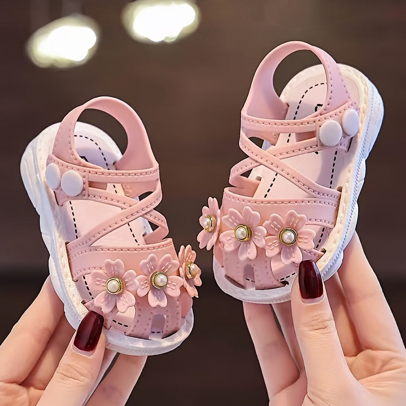 Girls Summer Floral Sandals Non-Slip Soft Sole Toddler Infant Easy Buckle Closure