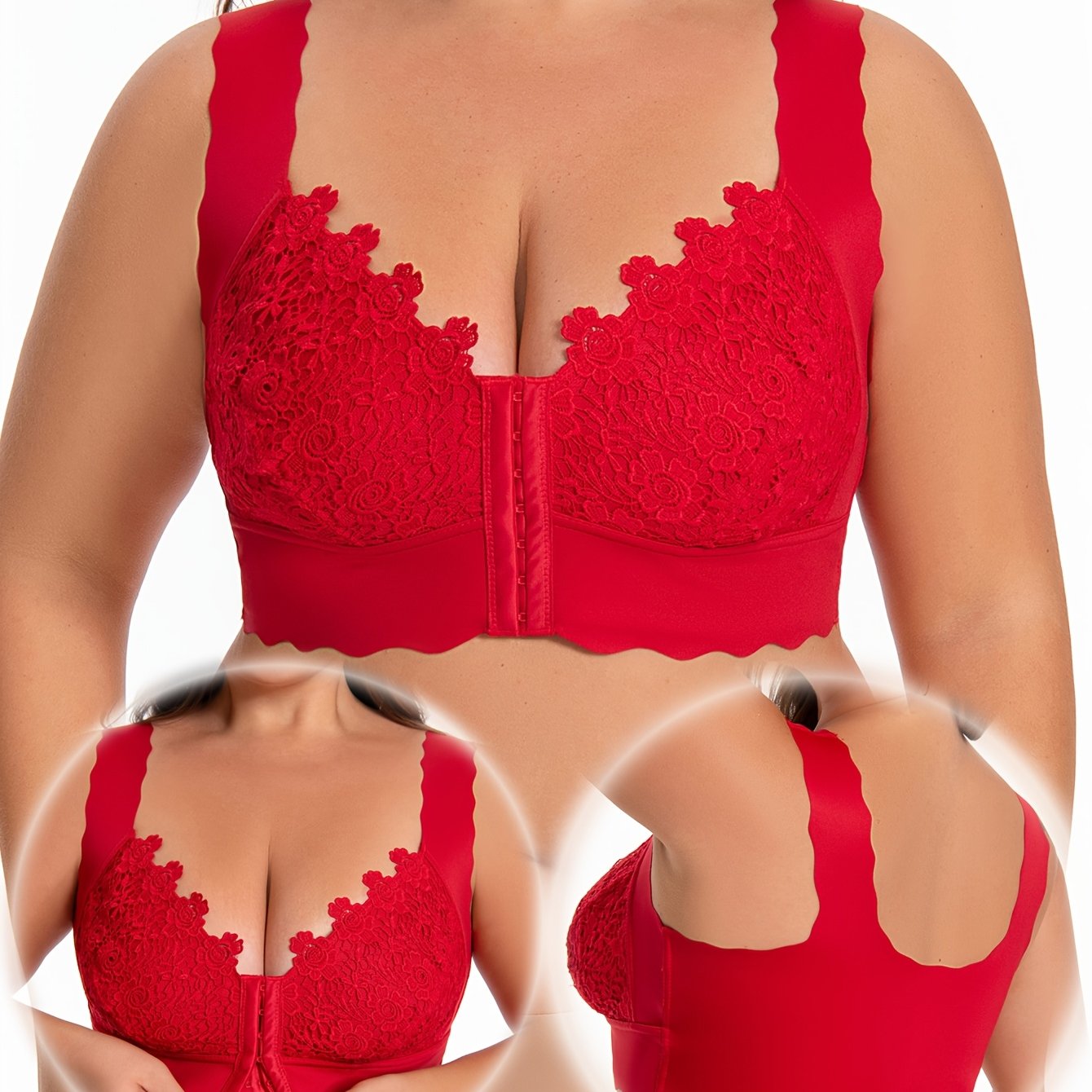 Plus Size Red Lace Front-Closure Wireless Bra for All-Day Comfort