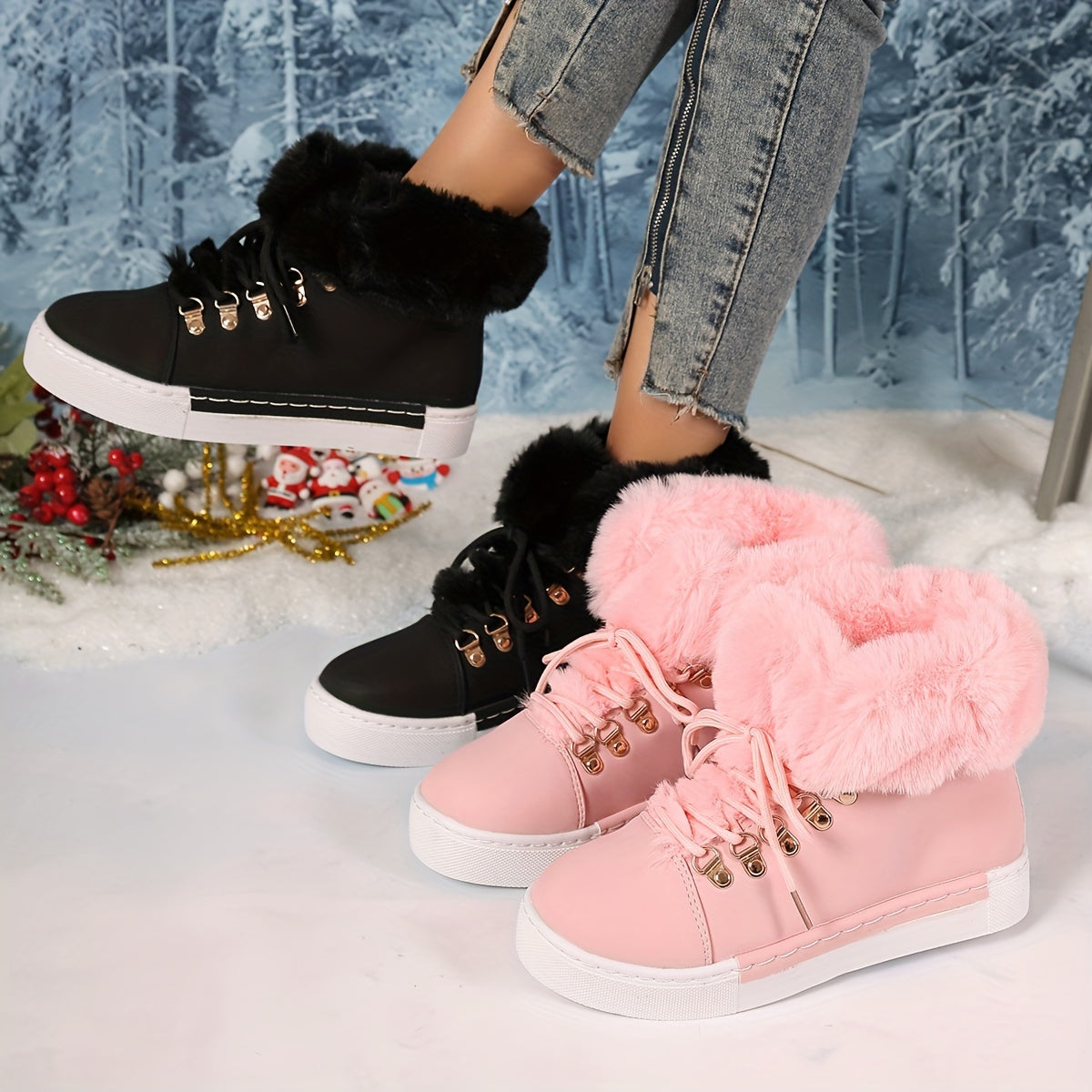Women's Plush-Lined Winter Sneakers with Tiger Buckle in Black Pink