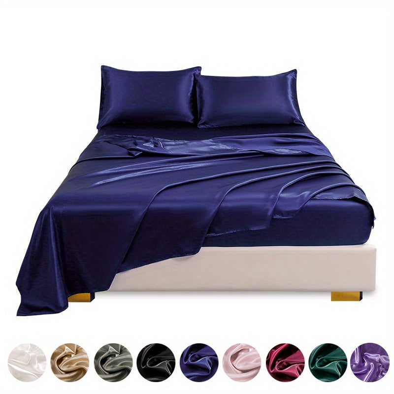 Polyester Satin Fitted Sheet Set 4 Pieces Includes Pillowcases Available in Twin Full Queen King