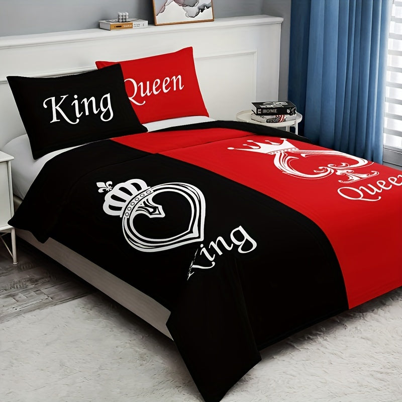 Black and Red Crown Pattern Bedding Set 3 Pieces Duvet Cover and Pillowcases