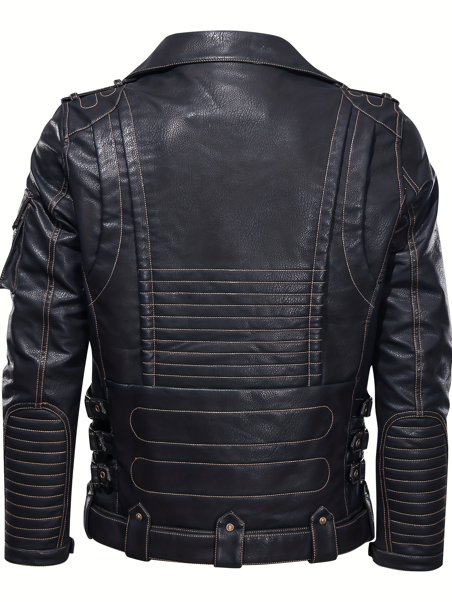 Men's Black Biker Jacket with Zipper Pockets Studded Details Polyester Lining Loose Fit Spring Fall