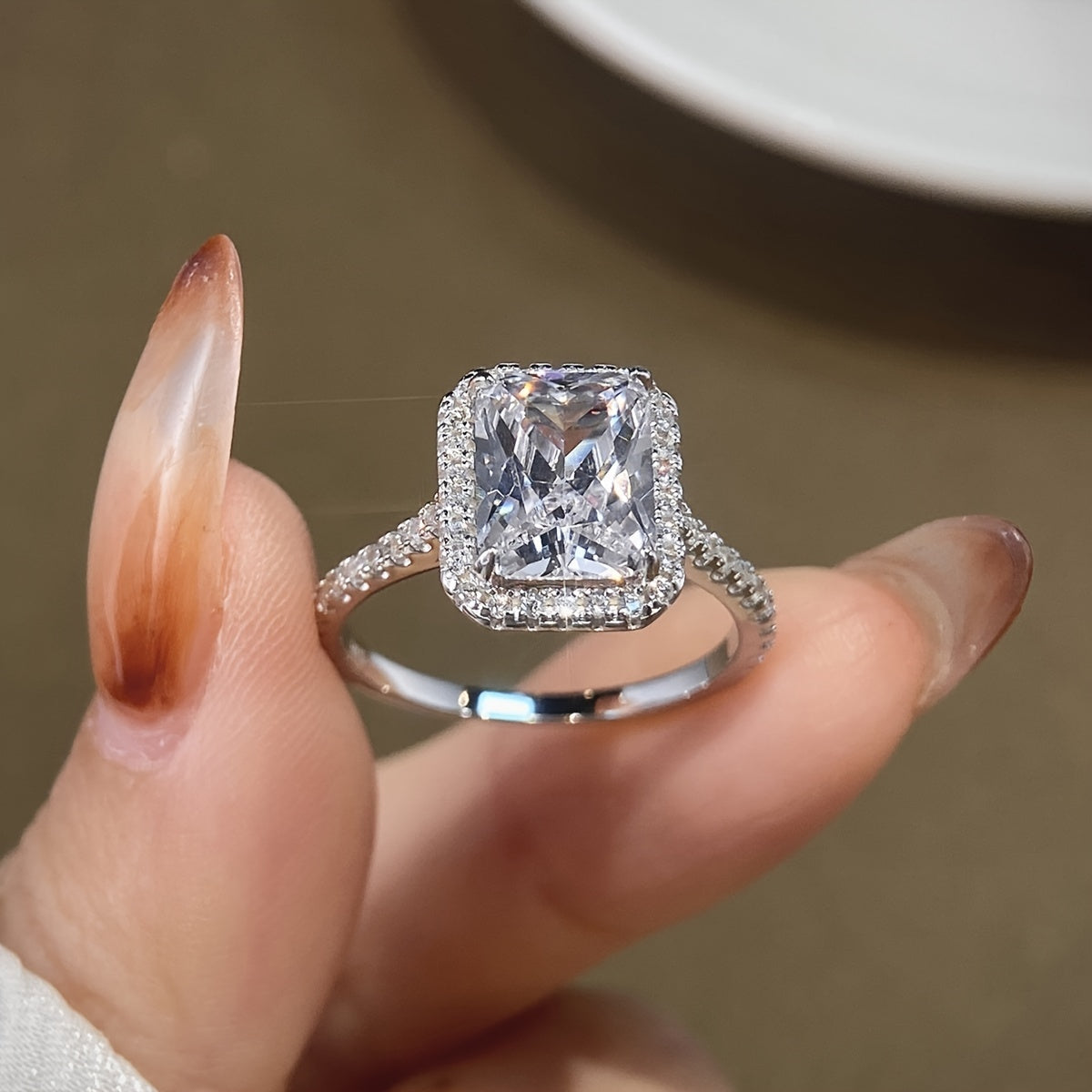 Sterling Silver Engagement Ring with Rectangular Halo and Cubic Zirconia