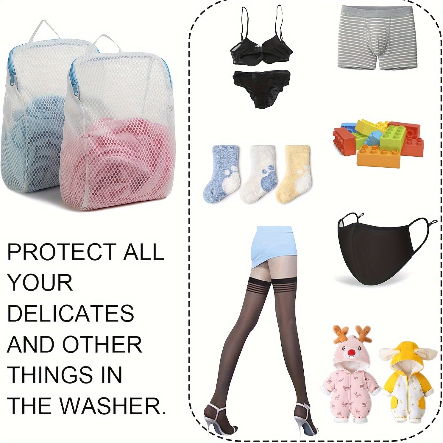 Laundry Mesh Bag Set of 2 Blue Handles 30x20 cm for Delicates and Travel