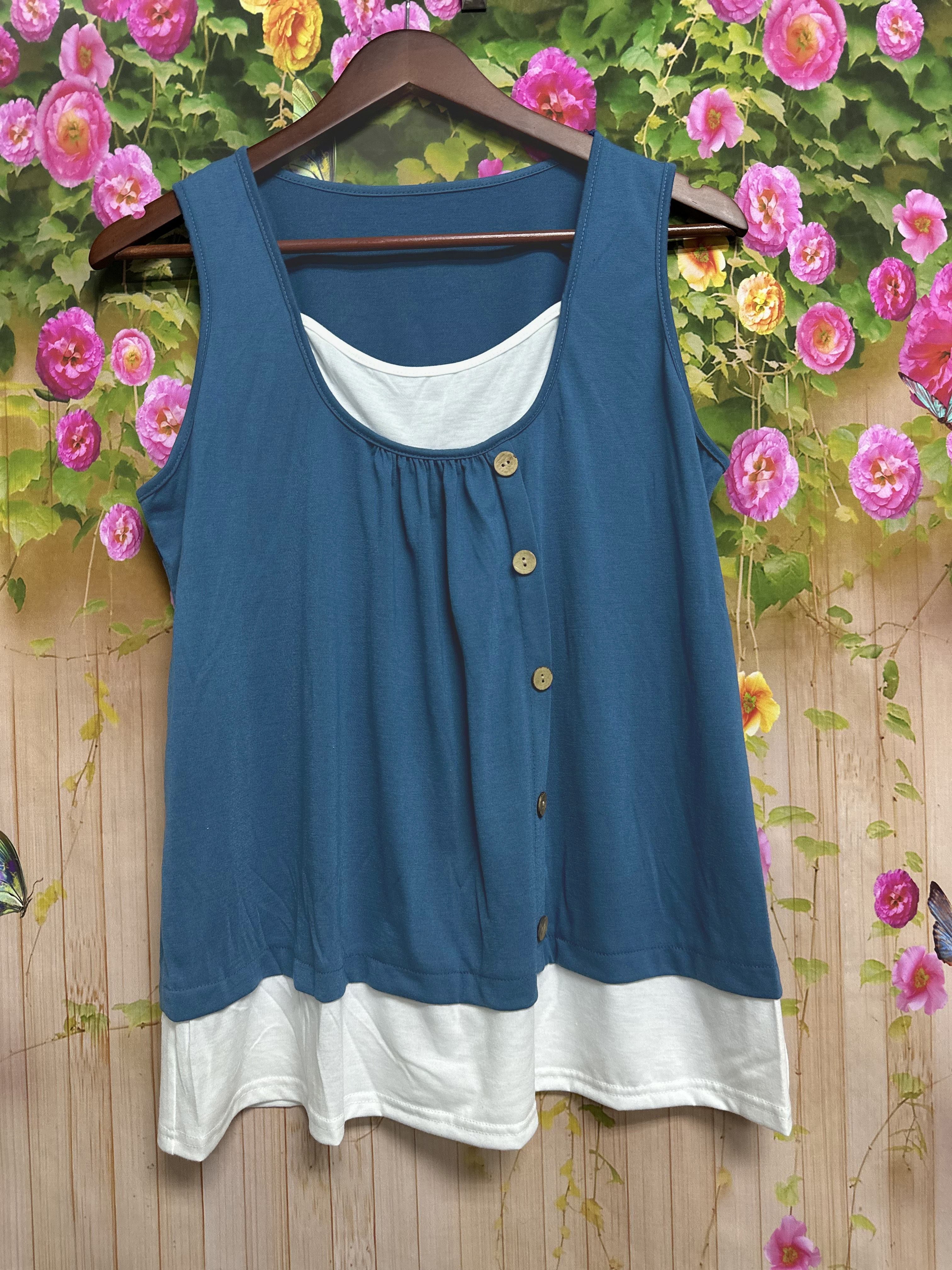 Plus Size Sleeveless Tank Top Casual Button Decor Summer Womens Clothing