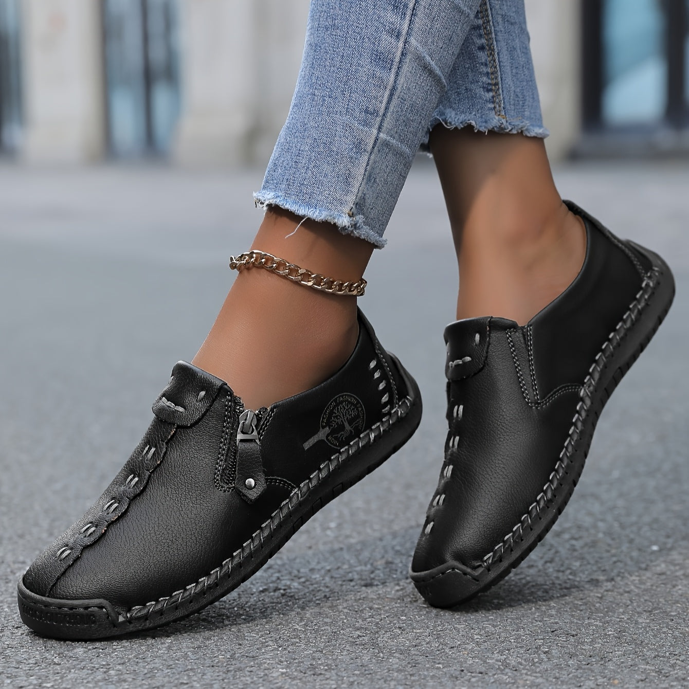 Women's Handmade Casual Loafers Slip-On Sneakers with Zipper Rubber Sole