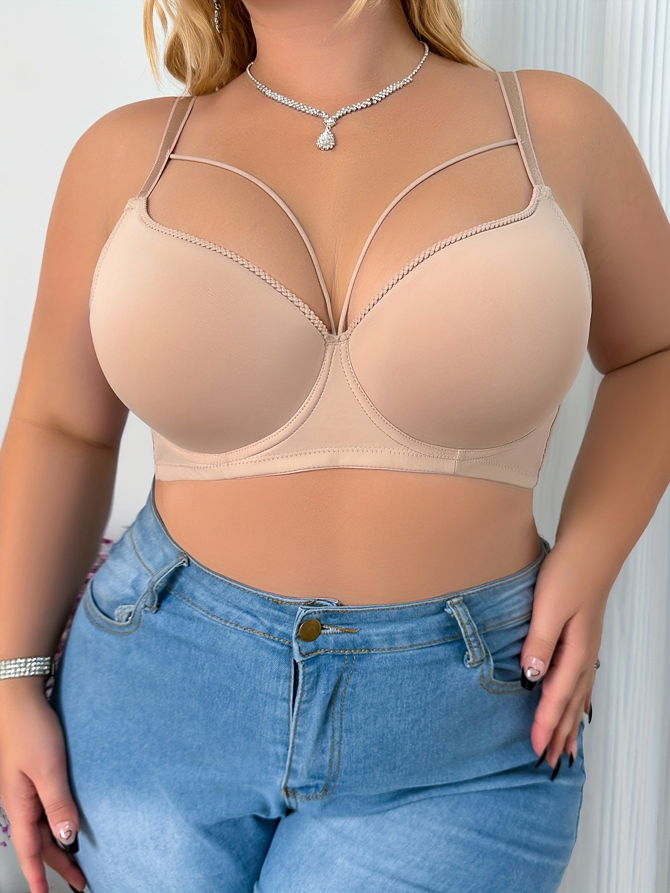 Plus Size Beige Push-Up Bra with Underwire Support and Breathable Nylon Blend