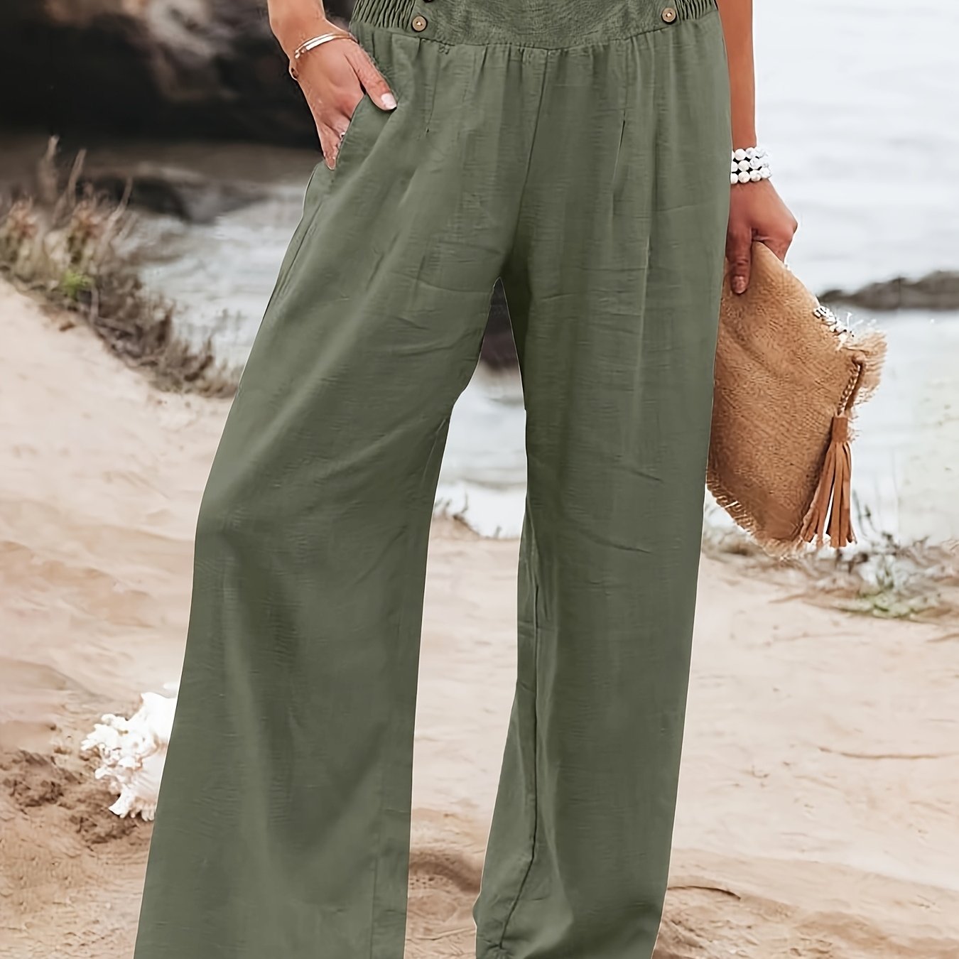 Plus Size Women's Wide-Leg Pants with Waistband Buttons Polyester Blend All-Season