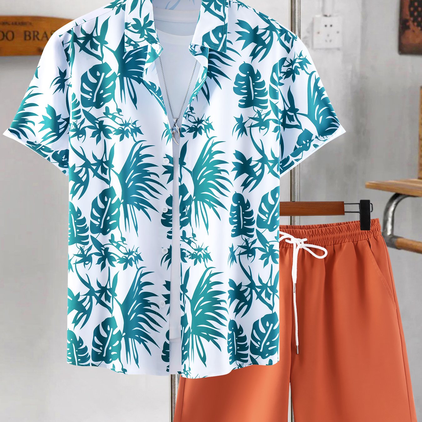Men's Plus Size Tropical Print Casual Shirt and Shorts Set Polyester Regular Fit Summer Outfit