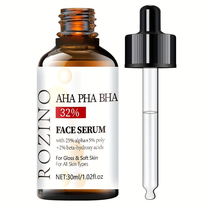 ROZINO 30ml Yuz Serumi AHA 32% + BHA 3% - Chuqur namlanish, chiziqlar va teshiklarni silliqlaydi, hid qo'shilmagan, gippoallergen. Barcha teri turlari, shu jumladan sezgir teri uchun mos.