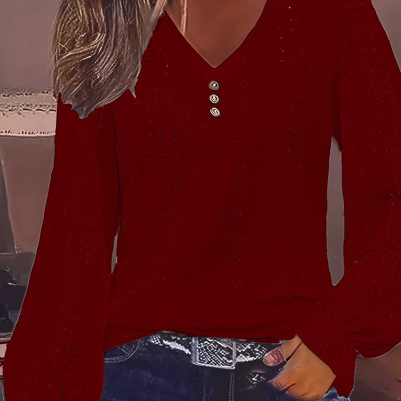 Plus Size Eyelet Button Decor T-Shirt Casual V Neck Long Sleeve Top