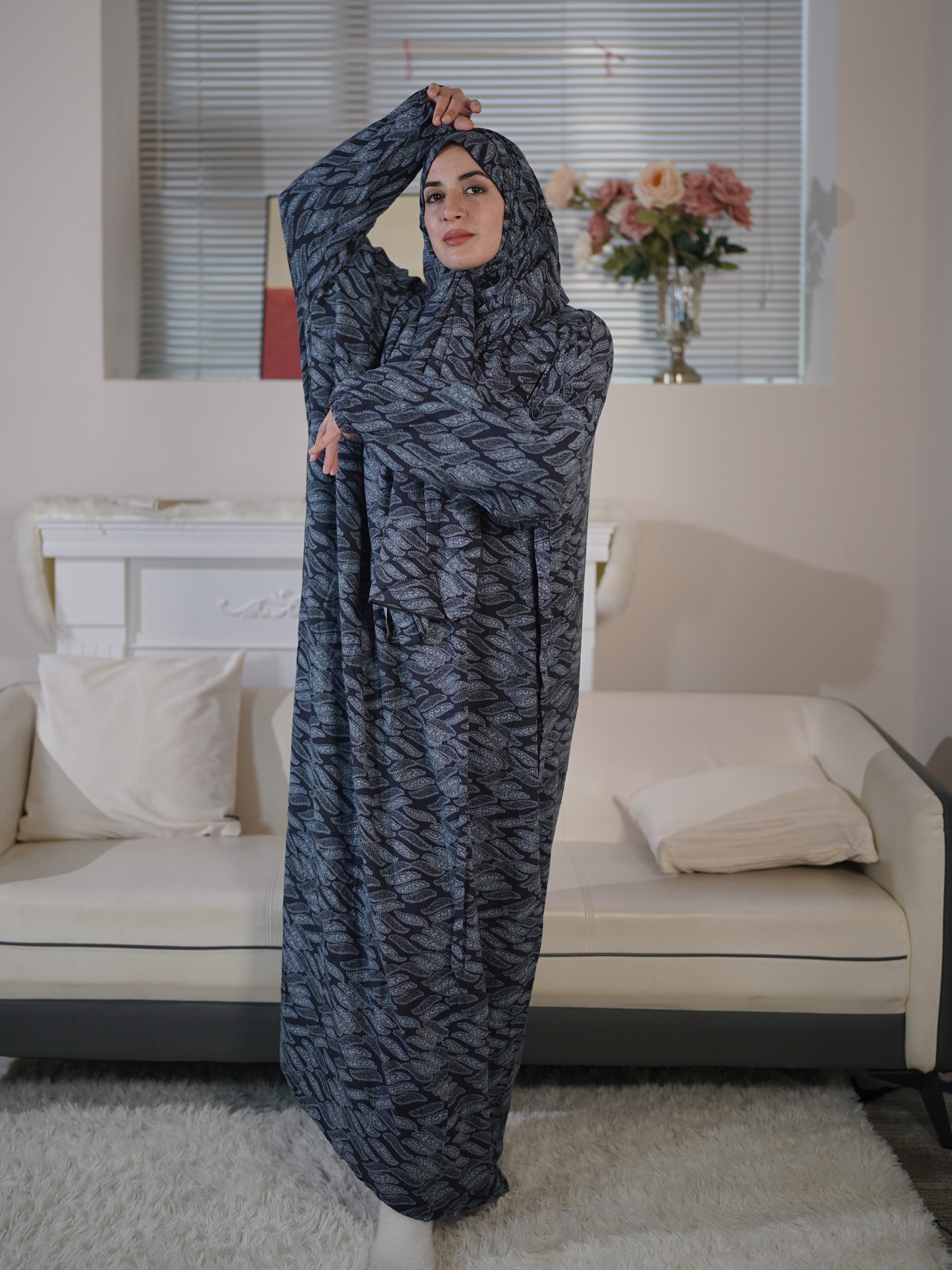 Plus Size Casual Long Sleeve Maxi Dress with Hijab for Women