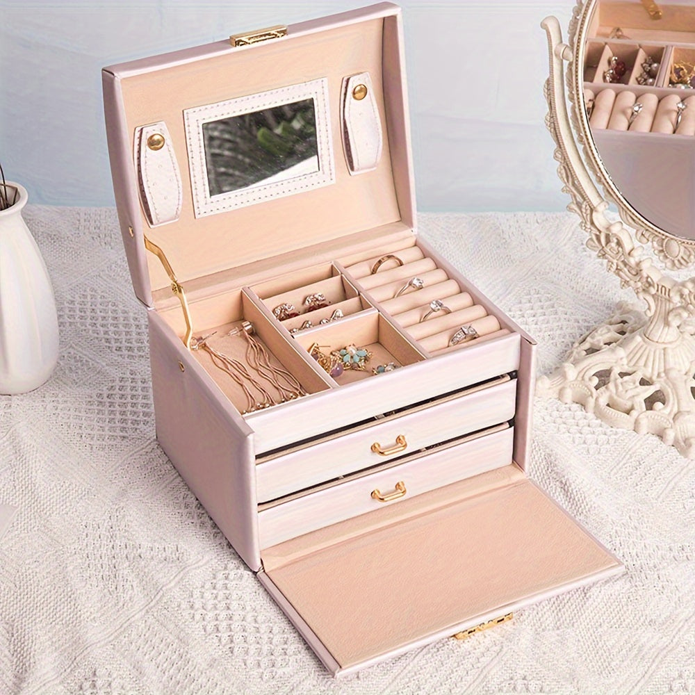 Легкая фиолетовая шкатулка для украшений с замком, зеркалом и двойными ящиками для женщин