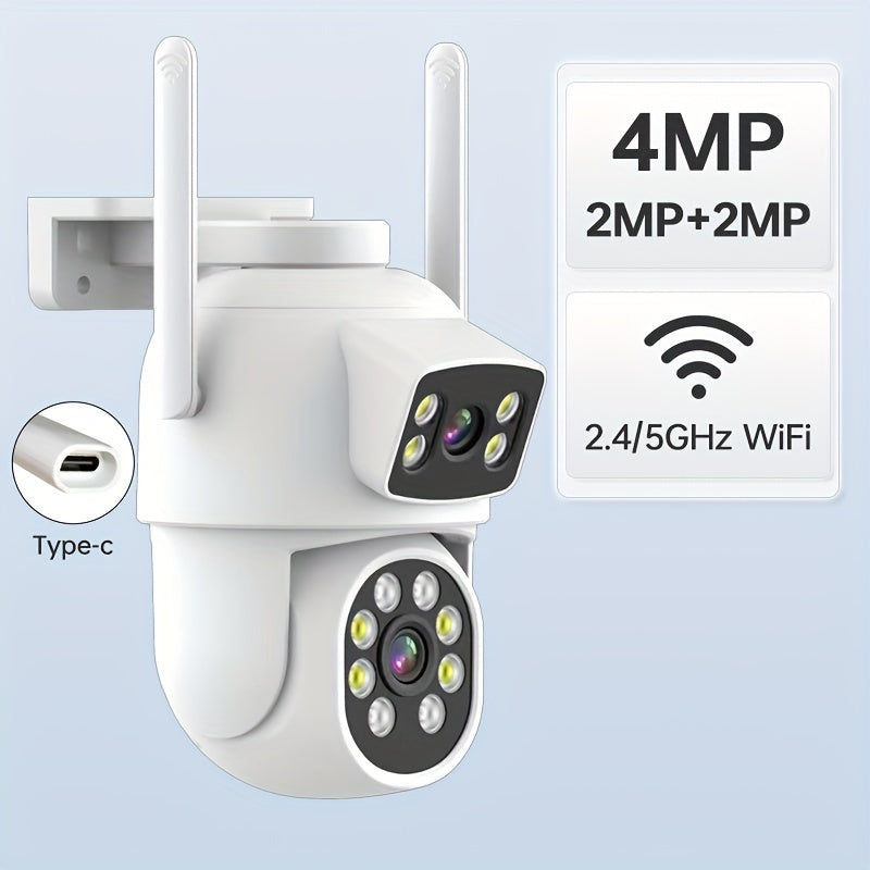 Tashqi simsiz xavfsizlik kamerasi, ikki linzali 360° ko'rinish, ilova xabarlari, rangli tungi ko'rinish, harakatni aniqlash, ikki tomonlama audio, SD/Cloud saqlash, IP65 suv o'tkazmaydigan - 4MP rezolyutsiya, 2.4g/5g Wifi'ni qo'llab-quvvatlaydi.