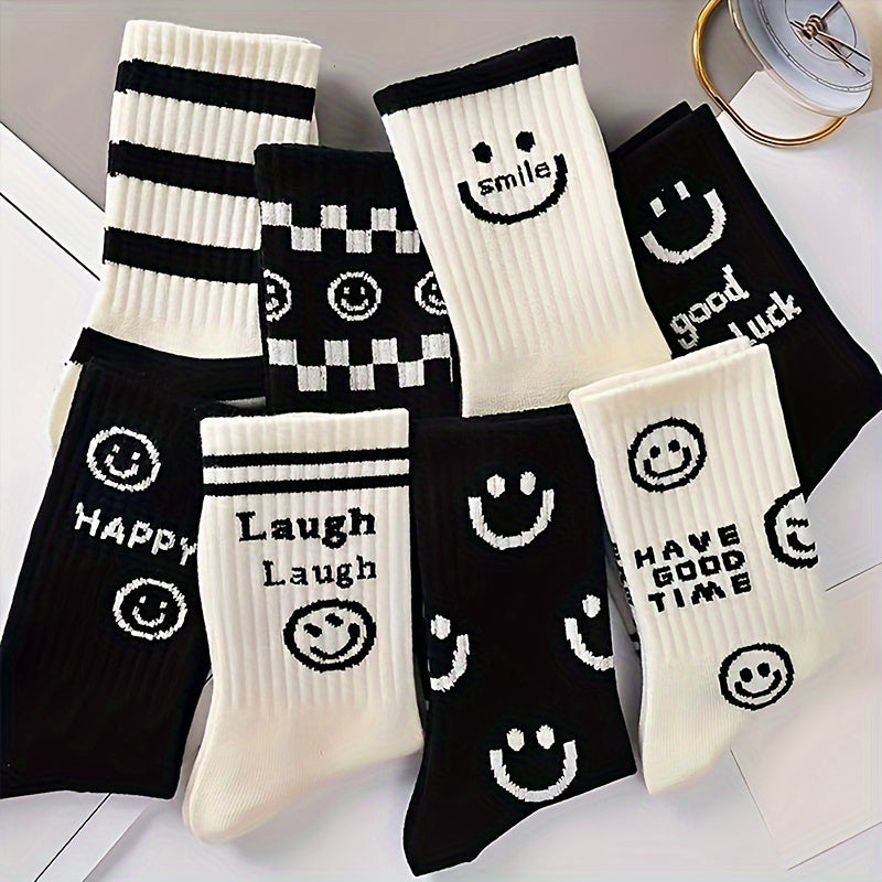 Women’s Vintage Style Mid Tube Socks 8 Pairs Knee-High Smiling Face Print